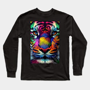 Pop Art Tiger Face In Vibrant Colors - A Unique and Playful Art Print For Animal Lovers Long Sleeve T-Shirt